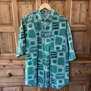 Men's‎ Impact Large Vintage Button Front Shirt Y2K / 80s Green Squiggle Squares